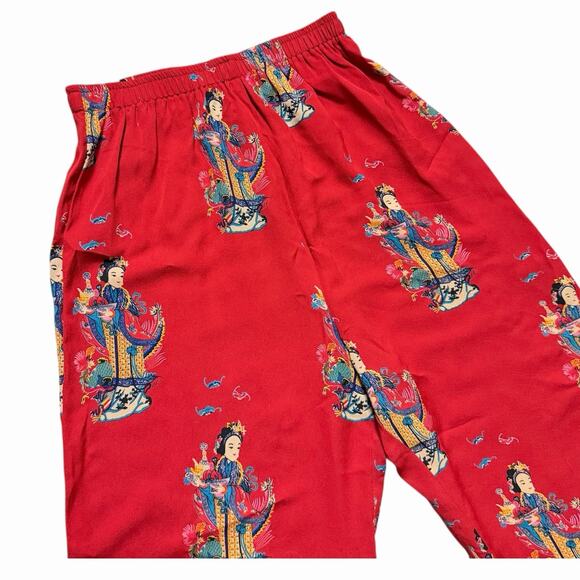 VINTAGE 90s HARARI RED SILK ASIAN PRINT ART TO WEAR PANTS BOHO COTTAGE RETRO S - Picture 2 of 7
